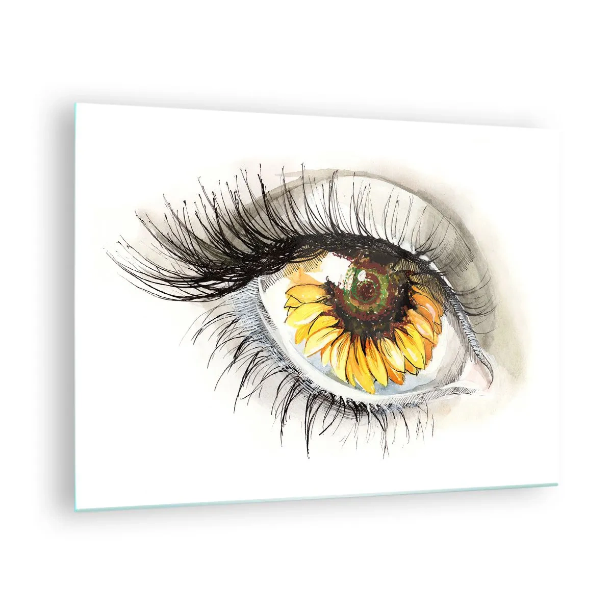 Glasbild - Bild auf glas - Ein Auge mit Sonnenblumenmotiv, umgeben von zarten Details - 70x50cm - Ein Look so heiß wie der Sommer - Moderne Wanddekoration für Wohnzimmer und Schlafzimmer ARTTOR