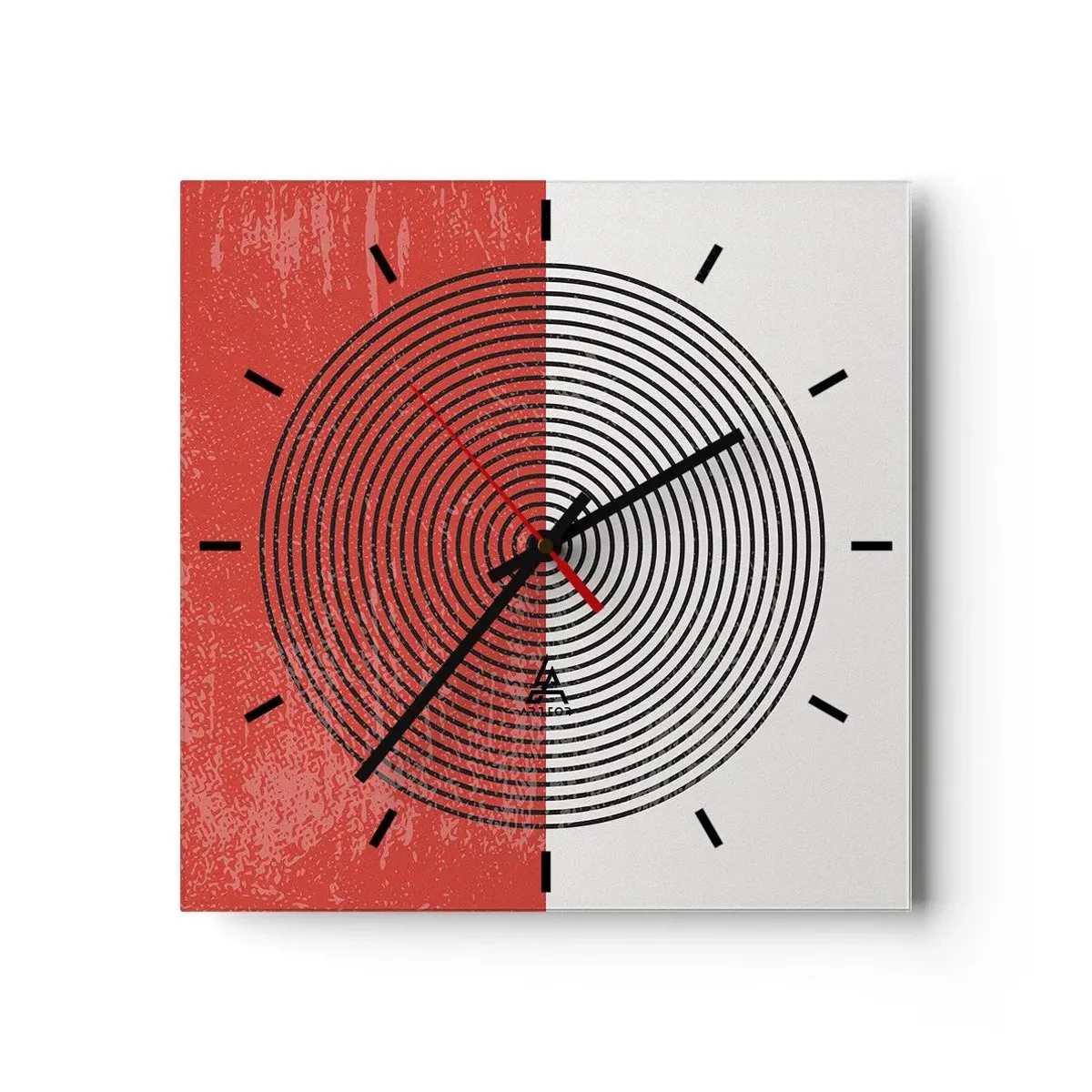 Wanduhr - Glasuhr - Geometrisches Muster mit konzentrischen Kreisen auf rot-weißem Hintergrund - 30x30cm - Auf den Punkt gebracht - Moderne Wanddekoration für Wohnzimmer und Schlafzimmer ARTTOR