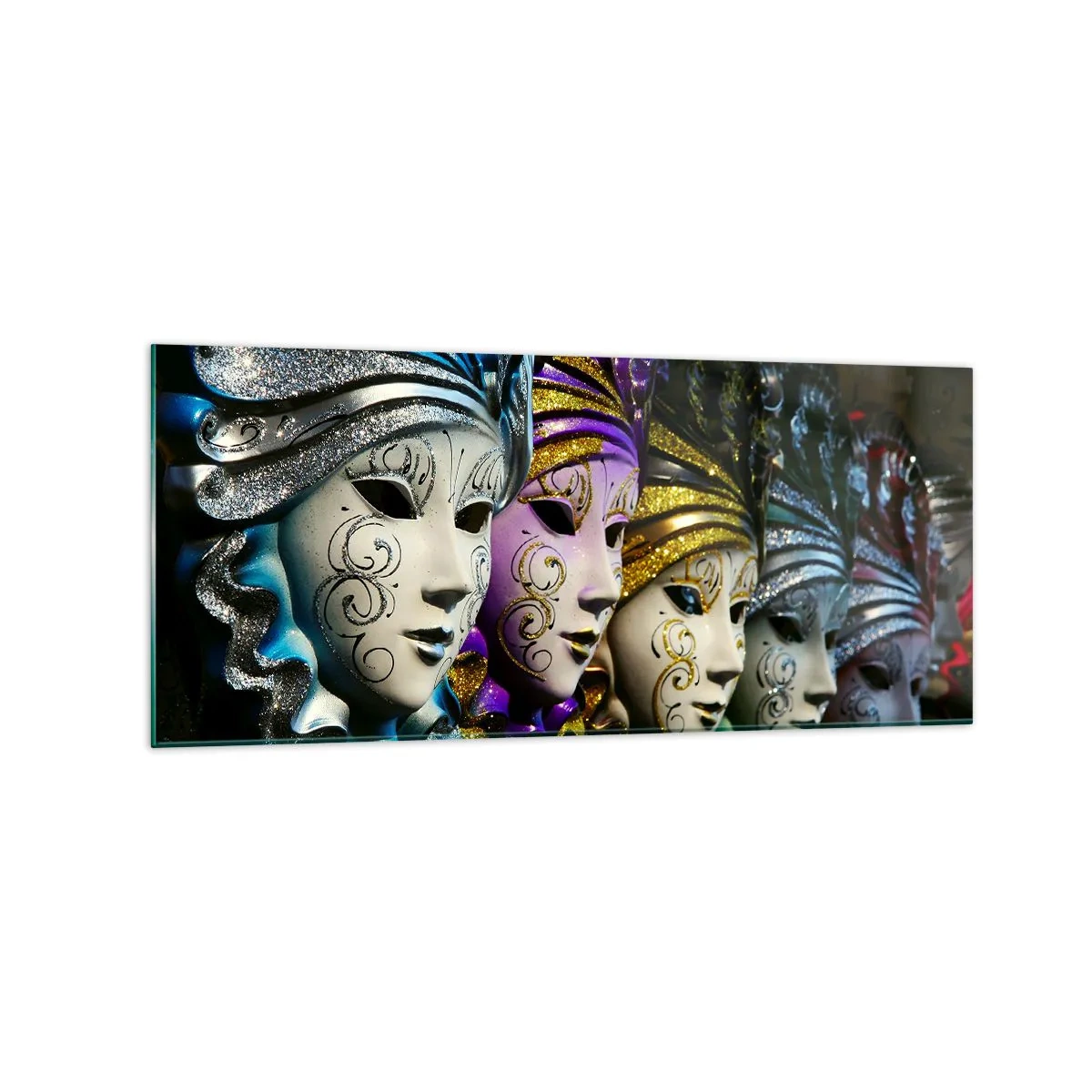Glasbild - Bild auf glas - Venezianische Masken in verschiedenen Farben mit dekorativen Mustern - 120x50cm - Geheimnis in Gold und Silber - Moderne Wanddekoration für Wohnzimmer und Schlafzimmer ARTTOR