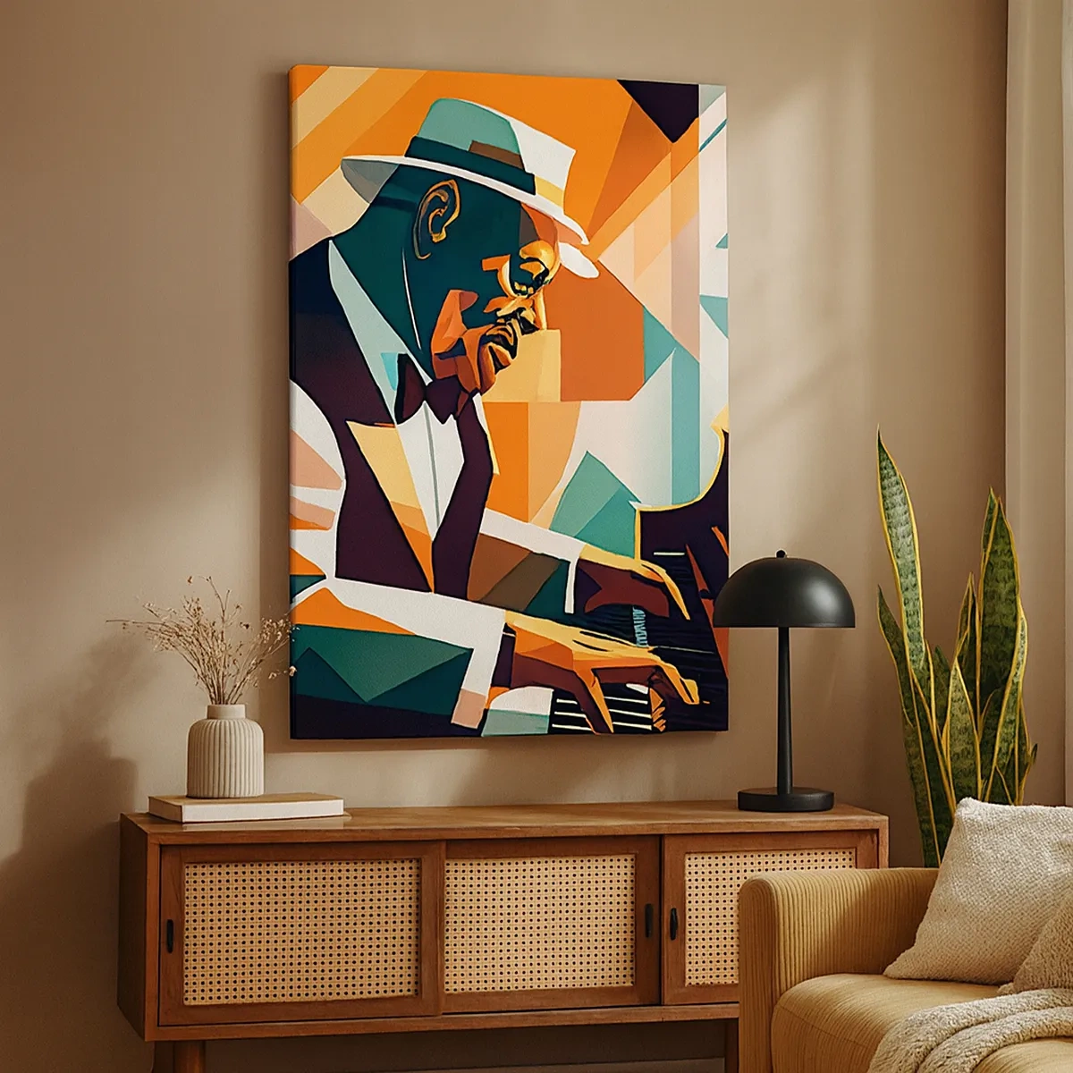 Bild auf Leinwand - Leinwandbild - Abstrakter Musiker, der in warmen Farben Klavier spielt. - 50x70cm - Alles vom Jazz - Moderne Wanddekoration für Wohnzimmer und Schlafzimmer ARTTOR