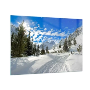 Glasbild - Bild auf glas - Winterliche Berglandschaft mit Wald und blauem Himmel - 100x70cm - Im Schnee und in der Sonne - Moderne Wanddekoration für Wohnzimmer und Schlafzimmer ARTTOR