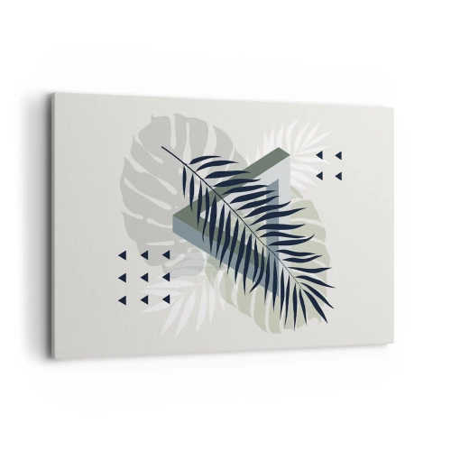 Bild auf Leinwand - Leinwandbild - Geometrische Komposition mit tropischen Blättern in Grüntönen - 120x80cm - Natur und Geometrie – zwei Ordnungen? - Moderne Wanddekoration für Wohnzimmer und Schlafzimmer ARTTOR