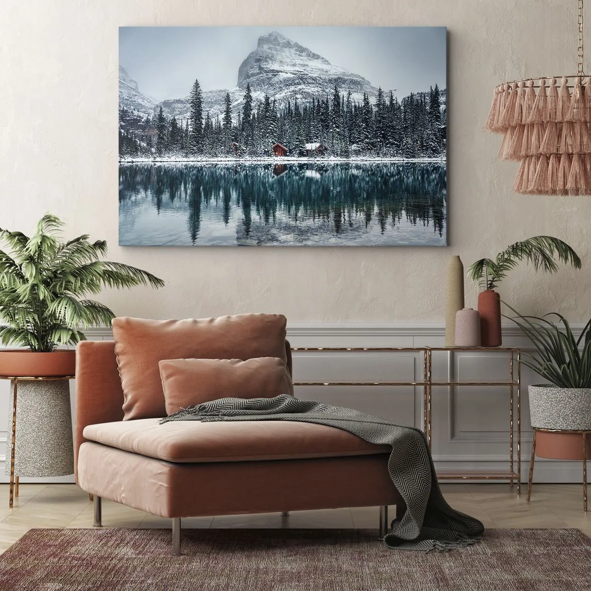 Bild auf Leinwand - Leinwandbild - Winterlandschaft mit Hütten im Wald an einem zugefrorenen See - 70x50cm - Kanadischer Rückzug - Moderne Wanddekoration für Wohnzimmer und Schlafzimmer ARTTOR
