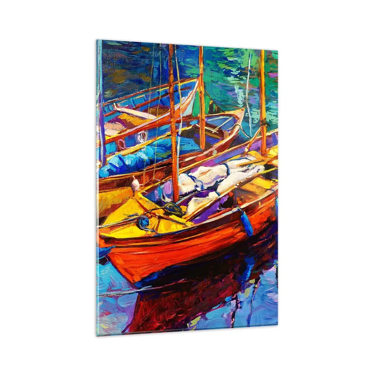 Glasbild - Bild auf glas - Bunte Boote auf ruhigem Wasser - 80x120cm - Auf Wasser dick mit Farben - Moderne Wanddekoration für Wohnzimmer und Schlafzimmer ARTTOR
