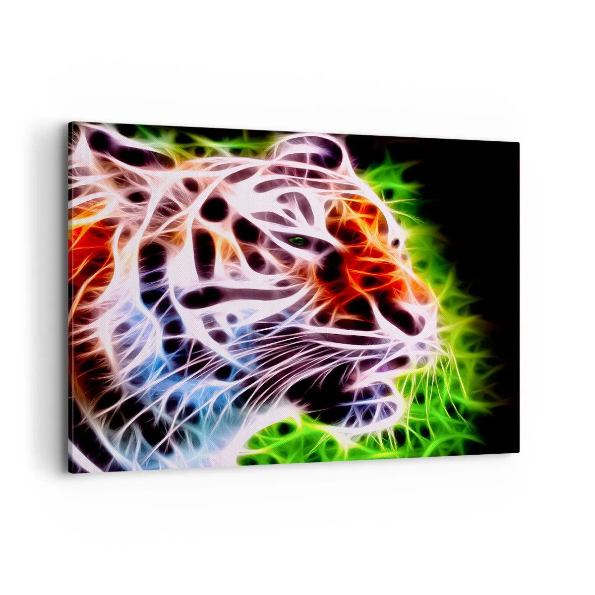 Bild auf Leinwand - Leinwandbild - Farbenfrohes künstlerisches Porträt eines Tigers im Neonstil auf schwarzem Hintergrund. - 100x70cm - Schreckliche Aura - Moderne Wanddekoration für Wohnzimmer und Schlafzimmer ARTTOR