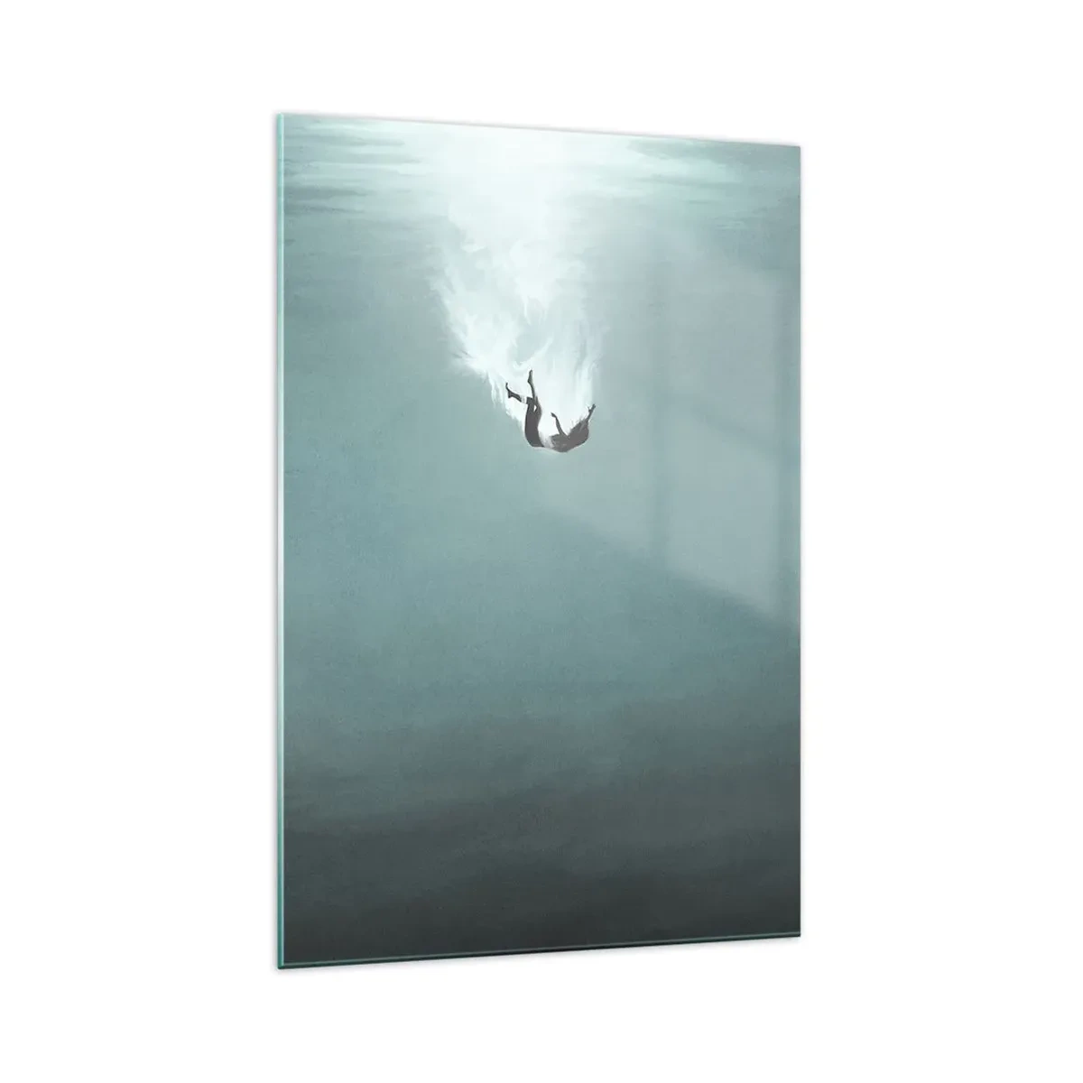 Glasbild - Bild auf glas - Eine Figur, eingetaucht in tiefes, türkisfarbenes Wasser - 70x100cm - In den Armen des Ozeans - Moderne Wanddekoration für Wohnzimmer und Schlafzimmer ARTTOR