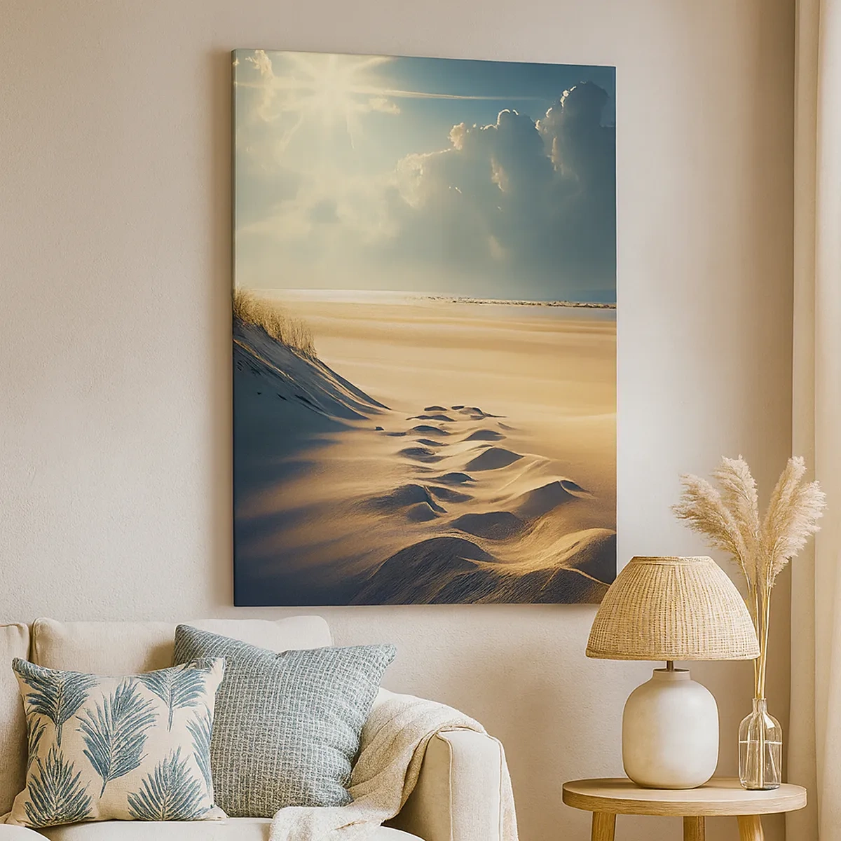Bild auf Leinwand - Leinwandbild - Goldene Dünen am Strand bei Sonnenuntergang mit Blick auf das Meer - 50x70cm - Beruhigende Landschaft - Moderne Wanddekoration für Wohnzimmer und Schlafzimmer ARTTOR