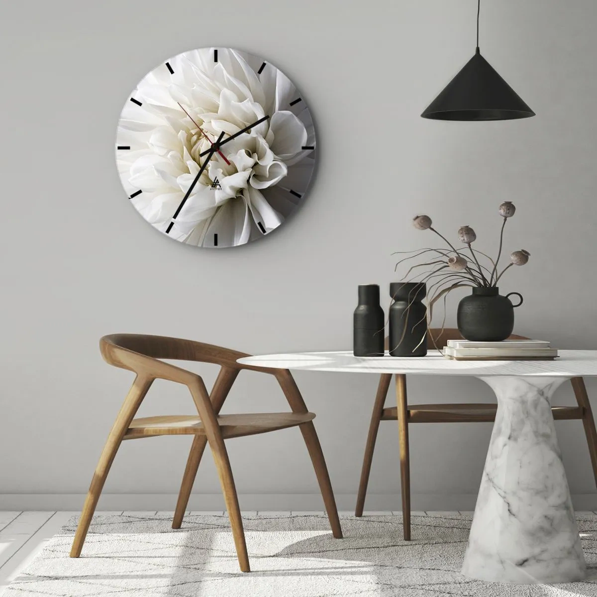 Wanduhr - Glasuhr - Eine zarte weiße Blume mit einer Nahaufnahme der Blütenblätter - 30x30cm - Der Morgen der Braut - Moderne Wanddekoration für Wohnzimmer, Küche und Schlafzimmer ARTTOR