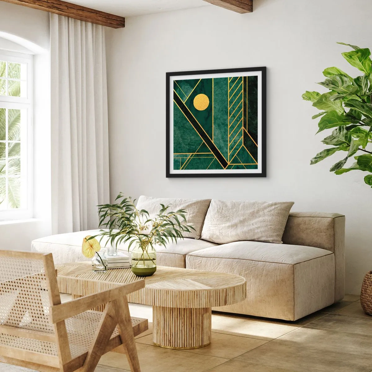 Poster in einem schwarzem Rahmen - Dynamik von Gold und Azurblau - 40x40 cm