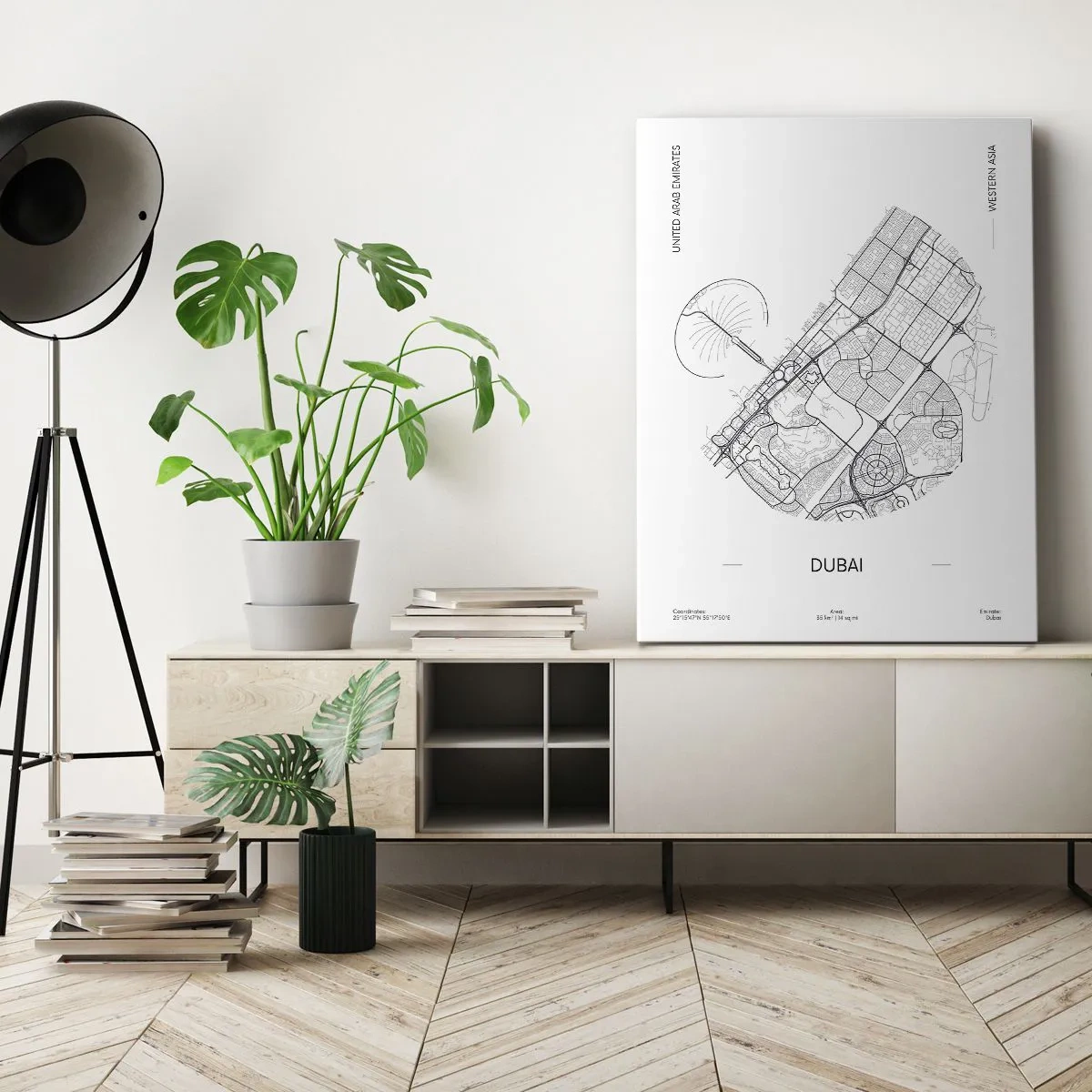 Bild auf Leinwand - Leinwandbild - Eine minimalistische Schwarzweißkarte von Dubai mit Standortmarkierungen. - 50x70cm - Anatomie von Dubai - Moderne Wanddekoration für Wohnzimmer und Schlafzimmer ARTTOR