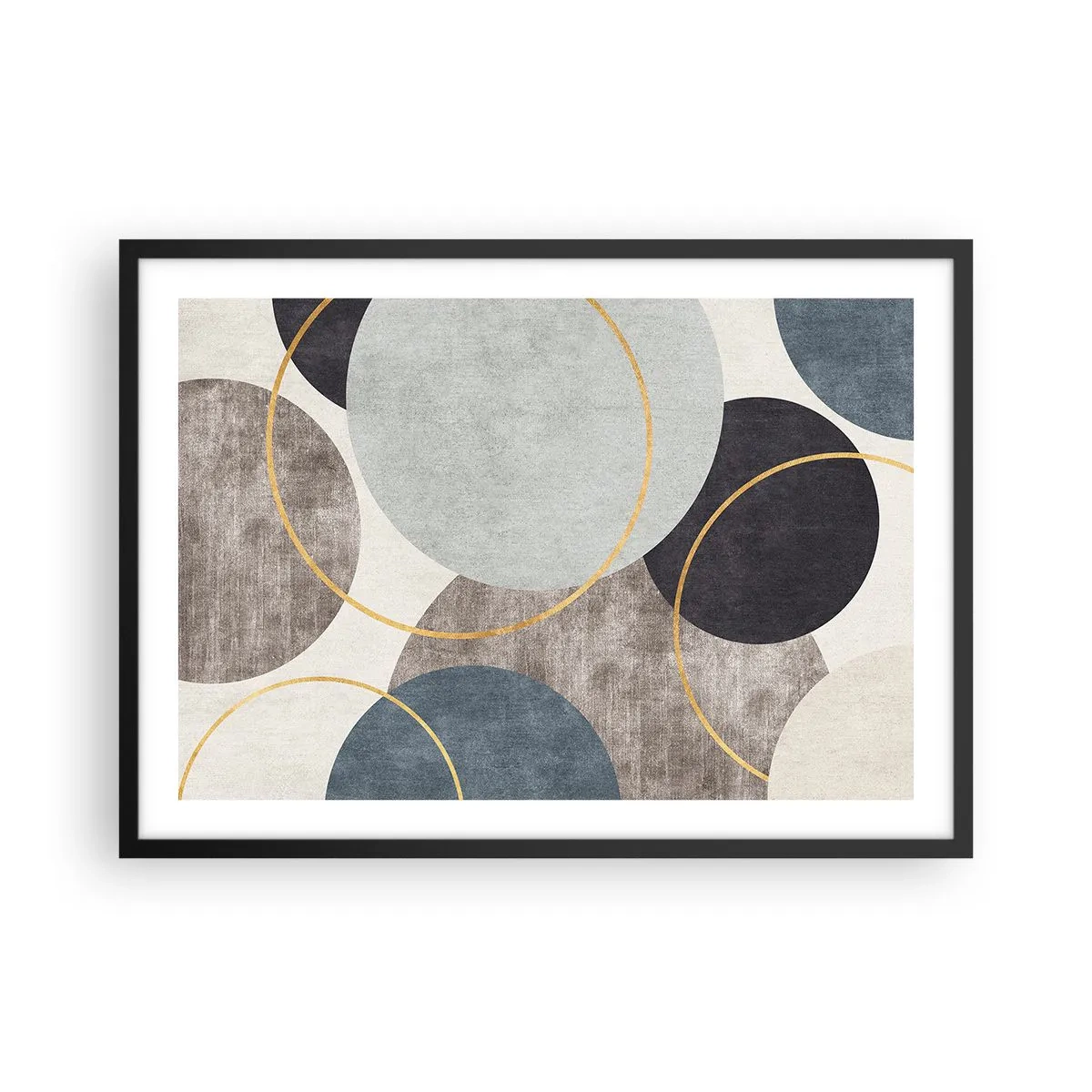 Poster in einem schwarzem Rahmen - Geometrische Kreise in Grau-, Blau- und Goldtönen - 70x50cm - Rad für Rad - Moderne Wanddekoration für Wohnzimmer und Schlafzimmer ARTTOR