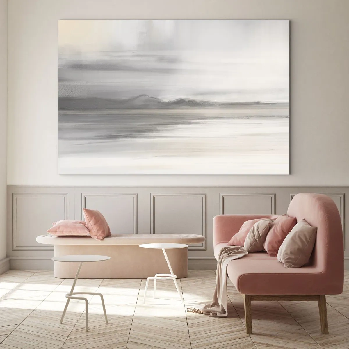 Glasbild - Bild auf glas - Ein zartes, unscharfes Bergpanorama in pastellgrauen Tönen - 100x70cm - Nachdenkliche Distanz - Moderne Wanddekoration für Wohnzimmer und Schlafzimmer ARTTOR