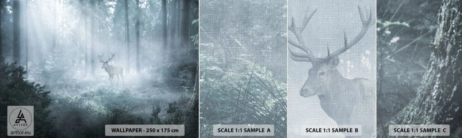 Fototapeten Muster Premium Canvas - Morgenvisite auf dem Grundstück - Landschaft, Wald, Reh - 100x30 cm