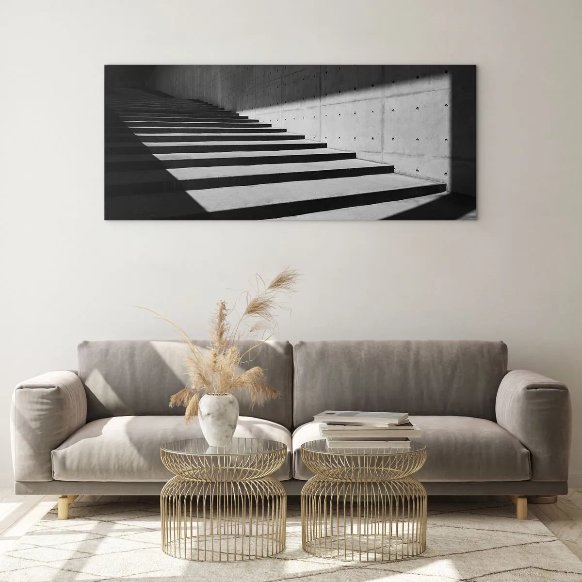 Glasbild - Bild auf glas - Treppe im minimalistischen Stil in Schwarz und Weiß - 160x50cm - Rohe Schönheit des Modernismus - Moderne Wanddekoration für Wohnzimmer und Schlafzimmer ARTTOR