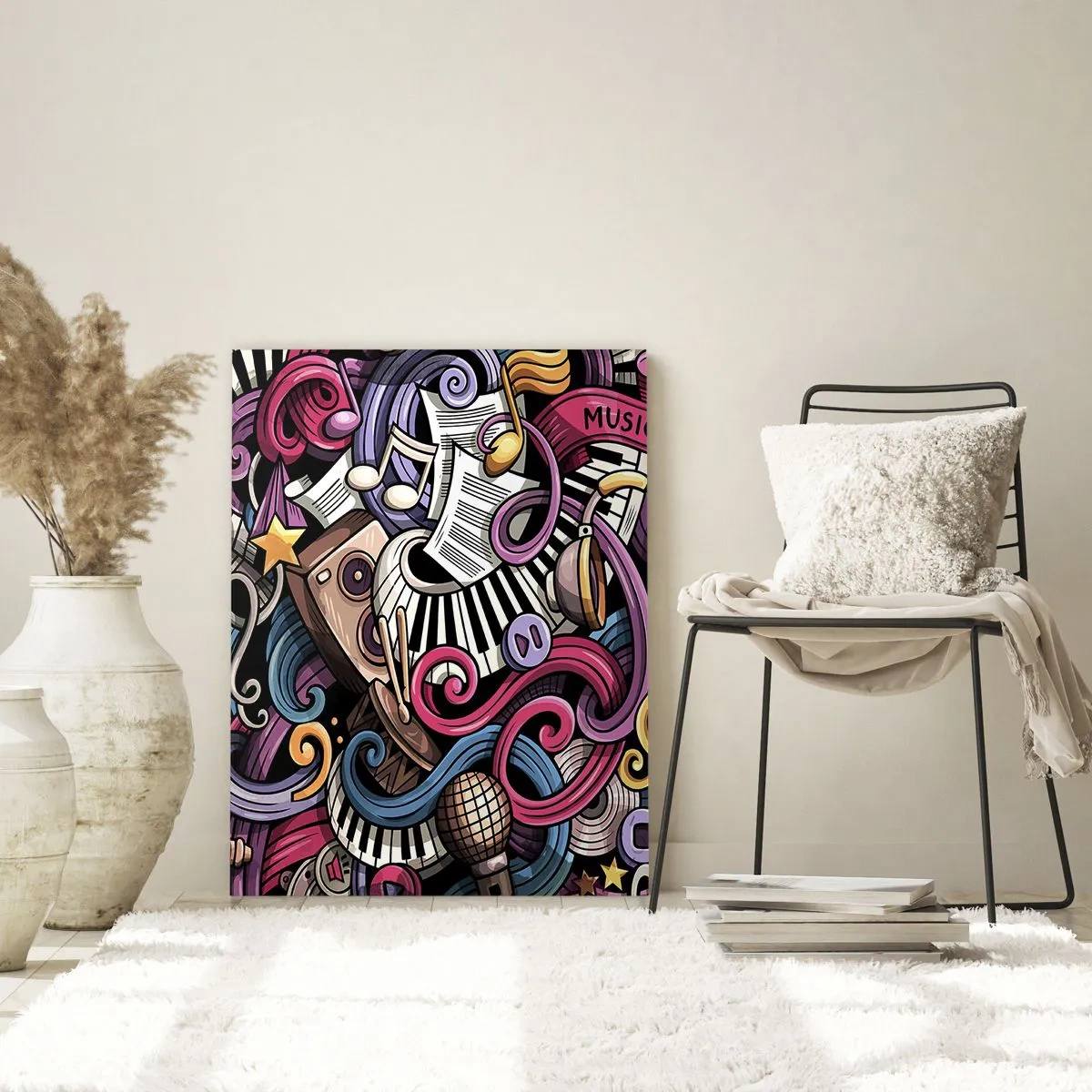 Glasbild - Bild auf glas - Bunte Musikthemen mit Noten und Instrumenten - 50x70cm - Komplizierte Melodie - Moderne Wanddekoration für Wohnzimmer und Schlafzimmer ARTTOR