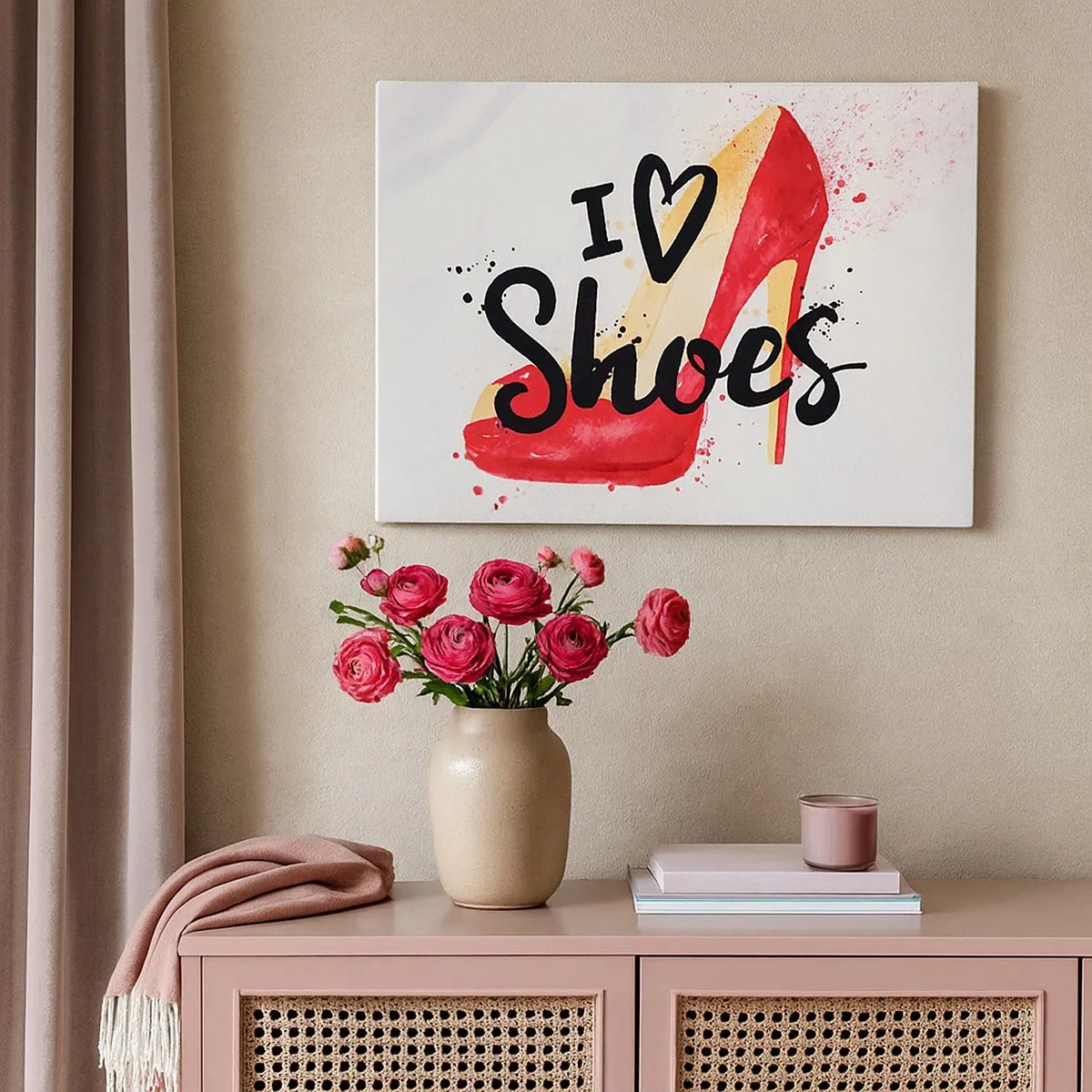 Bild auf Leinwand - Leinwandbild - Roter Stiletto mit der Aufschrift „I love Shoes“ auf weißem Hintergrund - 70x50cm - Liebe hat viele Namen - Moderne Wanddekoration für Wohnzimmer und Schlafzimmer ARTTOR