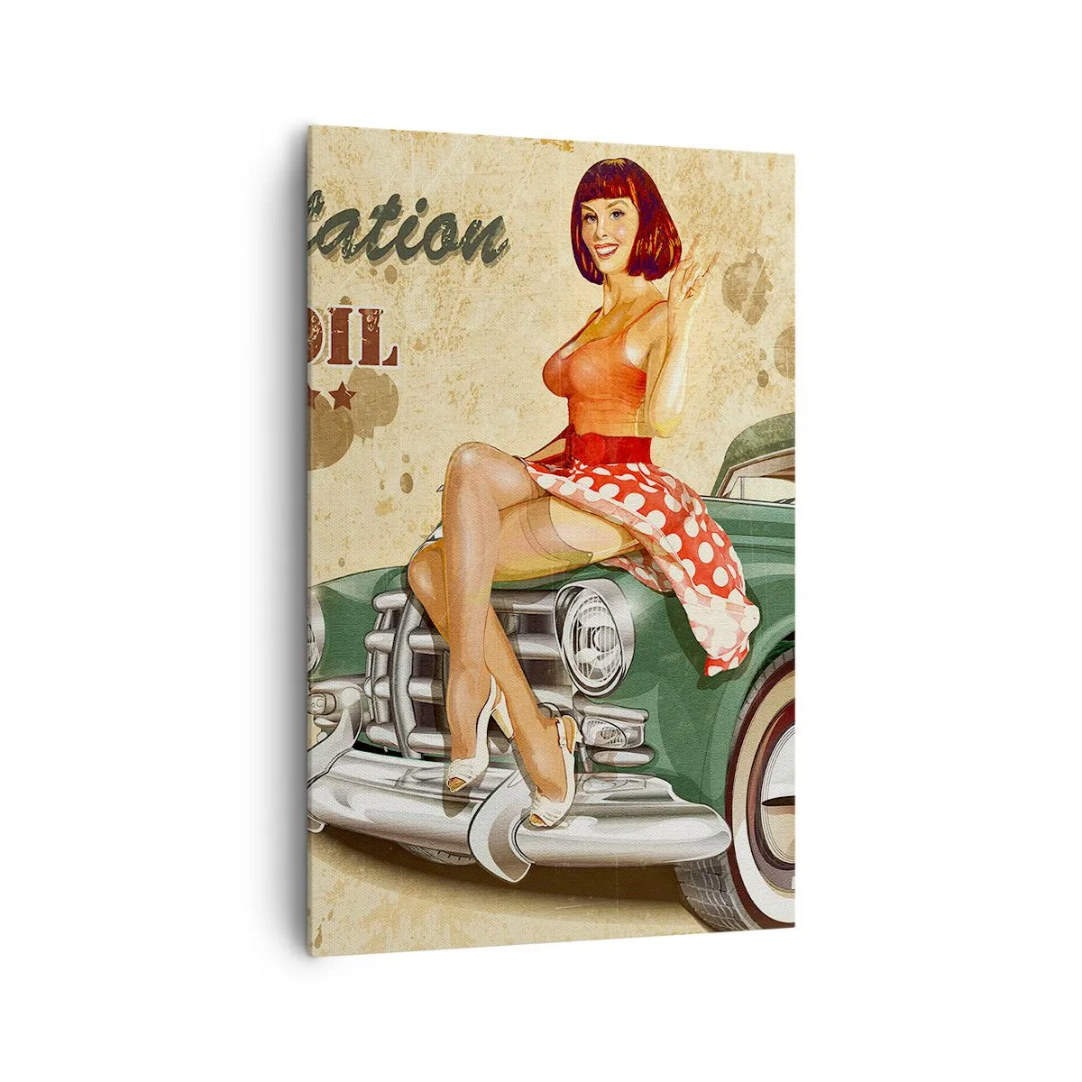 Bild auf Leinwand - Leinwandbild - Retro-Route 66-Poster mit Pin-up-Girl und Auto - 80x120cm - Die großen Jahre der 40er. - Moderne Wanddekoration für Wohnzimmer und Schlafzimmer ARTTOR