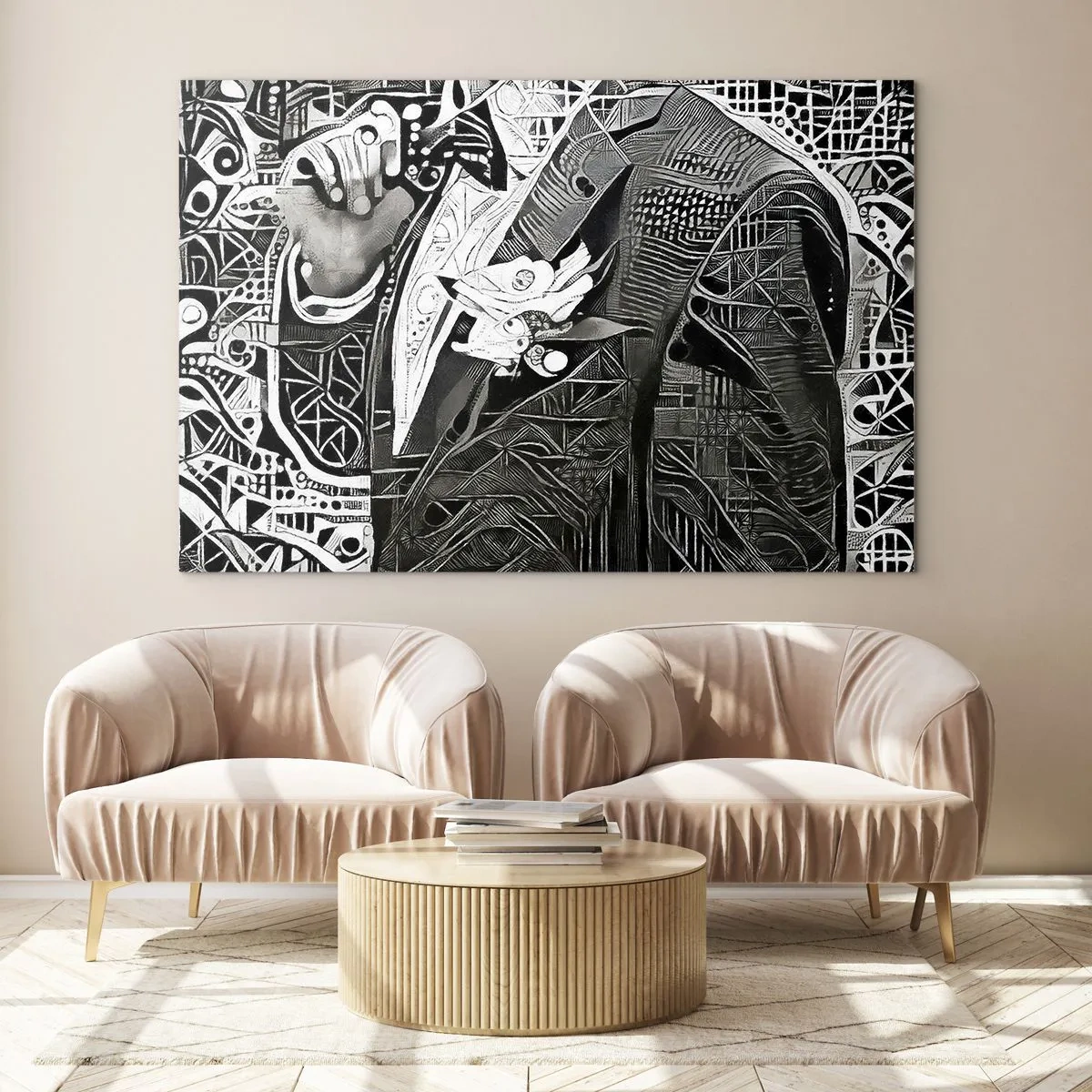 Glasbild - Bild auf glas - Schwarz-Weiß-Abstraktion mit geometrischen Mustern - 100x70cm - Nur ein scheinbar grauer Mann - Moderne Wanddekoration für Wohnzimmer und Schlafzimmer ARTTOR