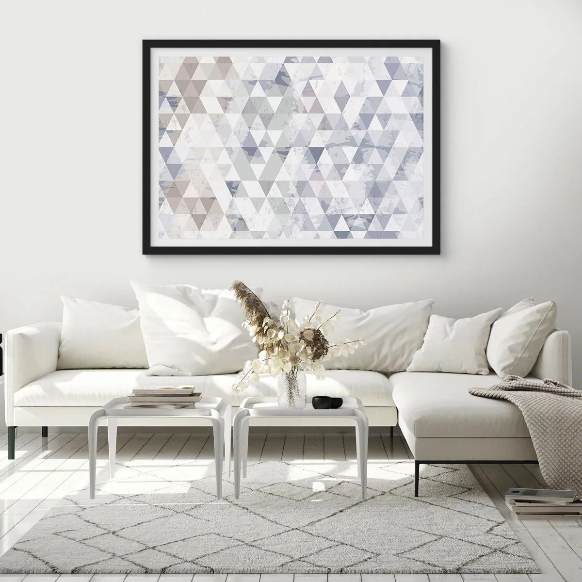 Poster in einem schwarzem Rahmen - Geometrisches Dreiecksmuster in Pastelltönen - 100x70cm - Im Rhythmus auf drei - Moderne Wanddekoration für Wohnzimmer und Schlafzimmer ARTTOR