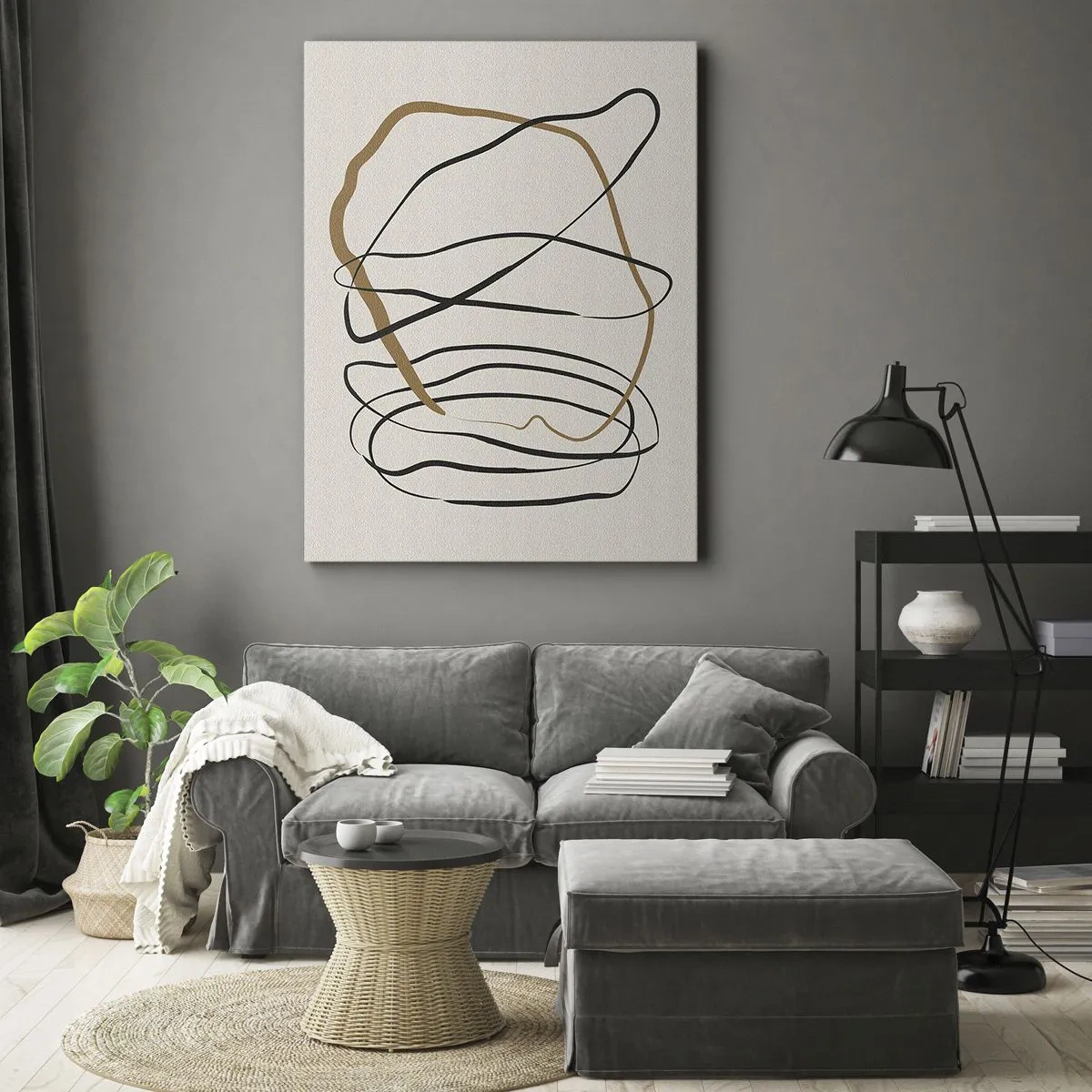 Bild auf Leinwand - Leinwandbild - Künstlerische Linien in Schwarz und Gold auf hellem Hintergrund - 50x70cm - Komposition – Looptanz - Moderne Wanddekoration für Wohnzimmer und Schlafzimmer ARTTOR