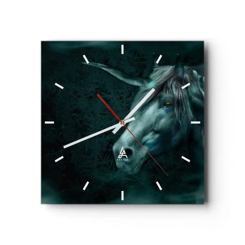 Wanduhr - Glasuhr - Ein magisches Einhorn in einem geheimnisvollen, dunklen Wald mit Fantasiefarben. - 30x30cm - In einem Märchenwald - Moderne Wanddekoration für Wohnzimmer und Schlafzimmer ARTTOR
