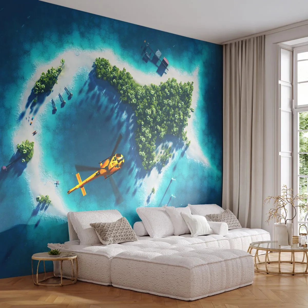 Fototapete Premium Sand - Fischförmige tropische Insel mit Hubschrauber und Yacht - 100x70cm - Kauf dir eine Insel - Moderne Wanddekoration für Wohnzimmer und Schlafzimmer ARTTOR