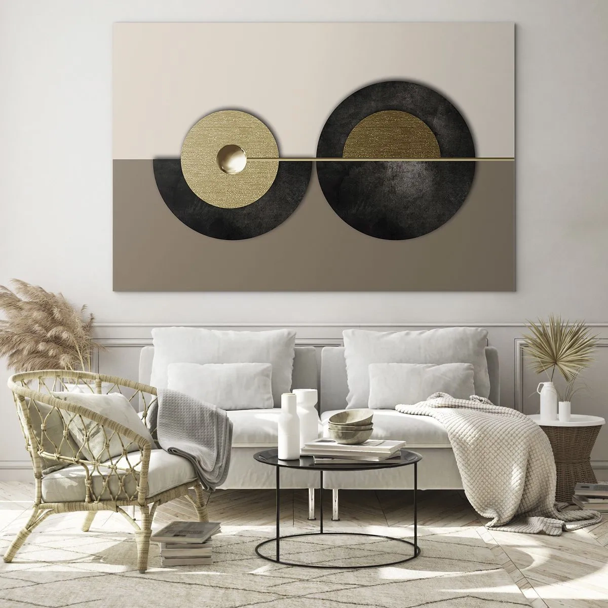 Glasbild - Bild auf glas - Geometrische Kreise in Gold und Schwarz auf beigem Hintergrund - 120x80cm - Variationen rund um den Kreis - Moderne Wanddekoration für Wohnzimmer und Schlafzimmer ARTTOR