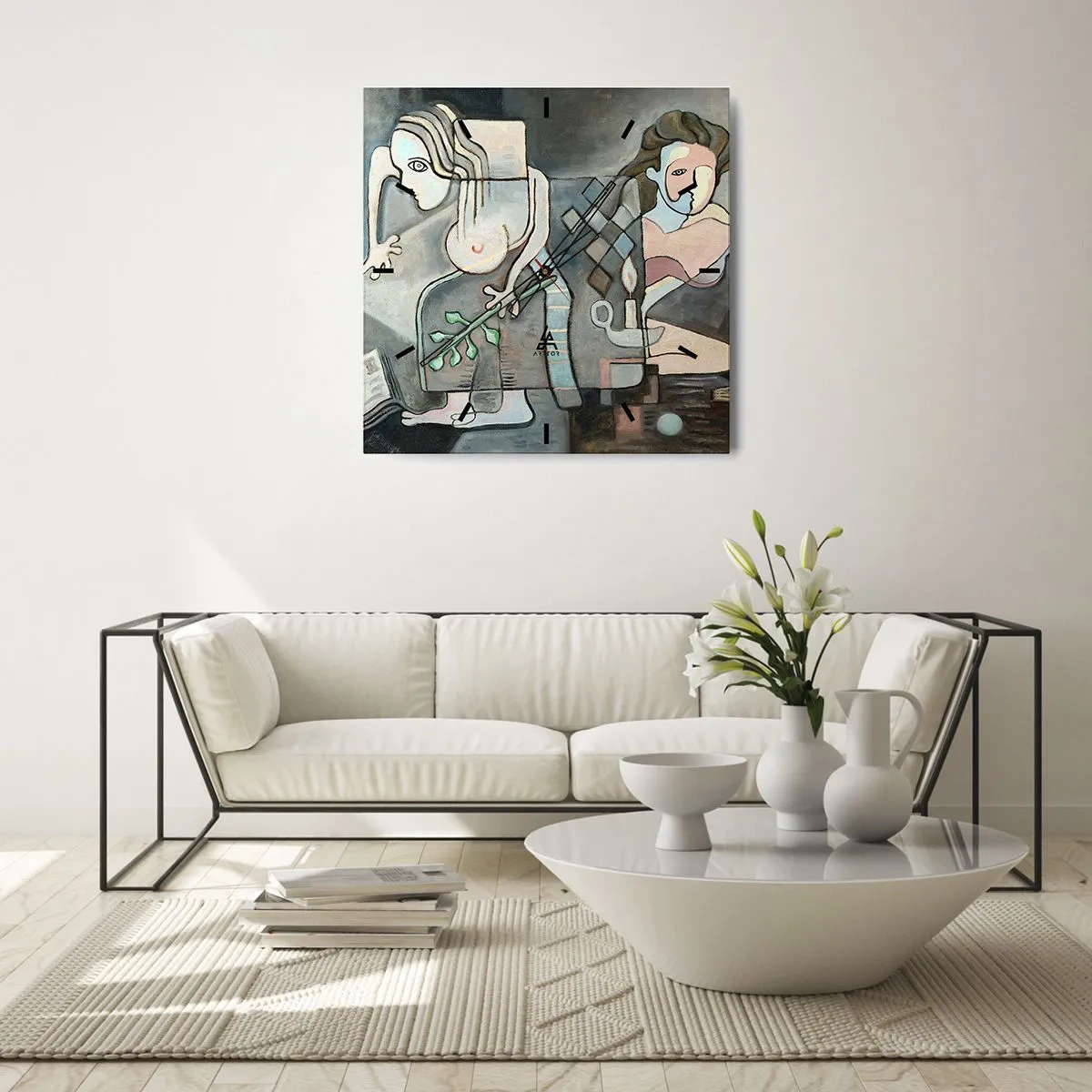 Wanduhr - Glasuhr - Abstrakte Figuren in einer symbolischen Komposition mit tiefer Bedeutung - 30x30cm - Mosaik aus Geist und Materie - Moderne Wanddekoration für Wohnzimmer und Schlafzimmer ARTTOR