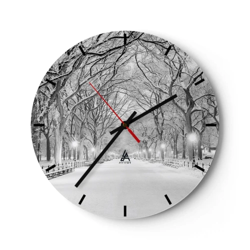 Wanduhr - Glasuhr - Winterbaumallee im Park, beleuchtet von Laternen - 30x30cm - Vier Jahreszeiten - Winter - Moderne Wanddekoration für Wohnzimmer, Küche und Schlafzimmer ARTTOR