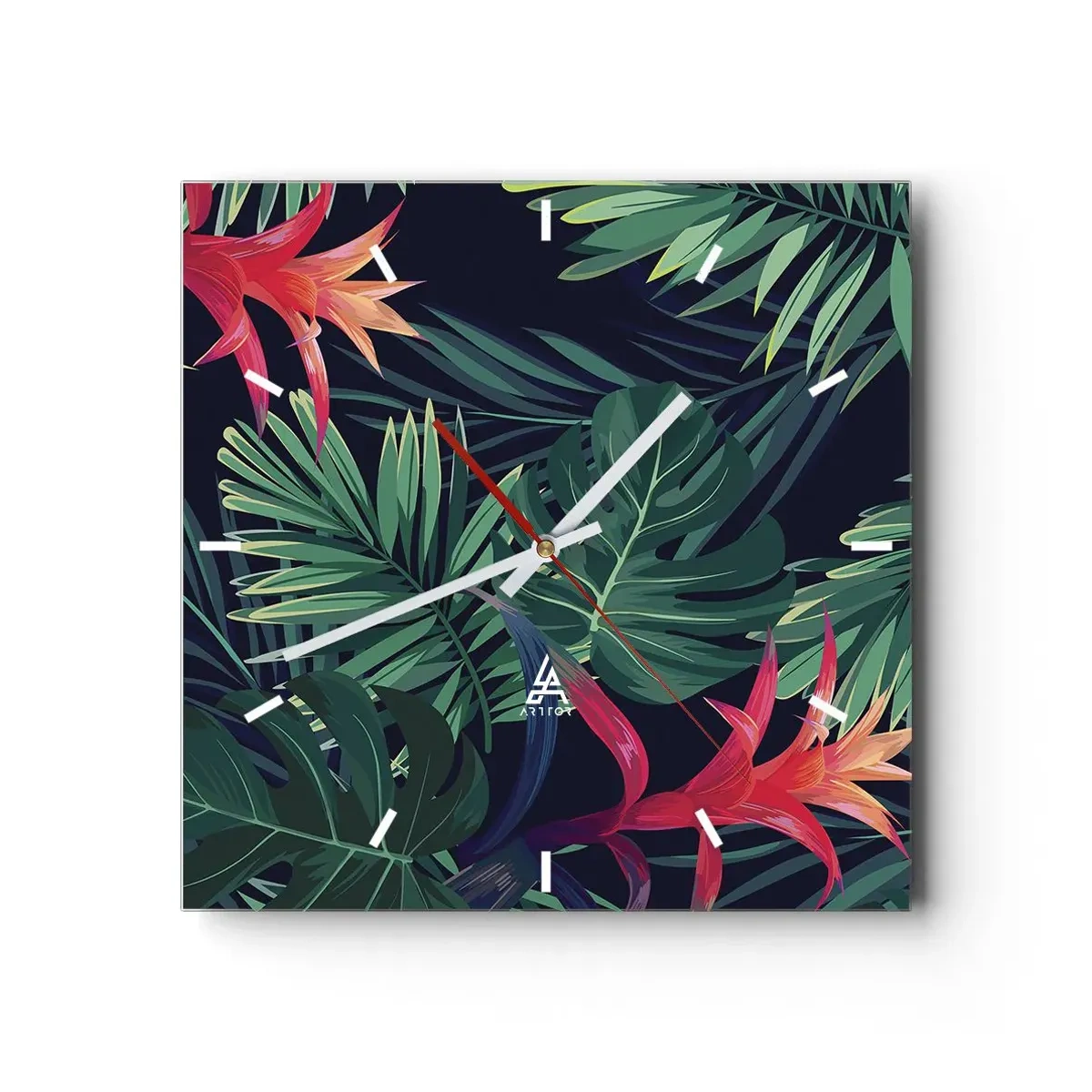 Wanduhr - Glasuhr - Tropische Blätter und Blüten auf dunklem Hintergrund - 30x30cm - Im Grünen in Flammen gehen - Moderne Wanddekoration für Wohnzimmer und Schlafzimmer ARTTOR