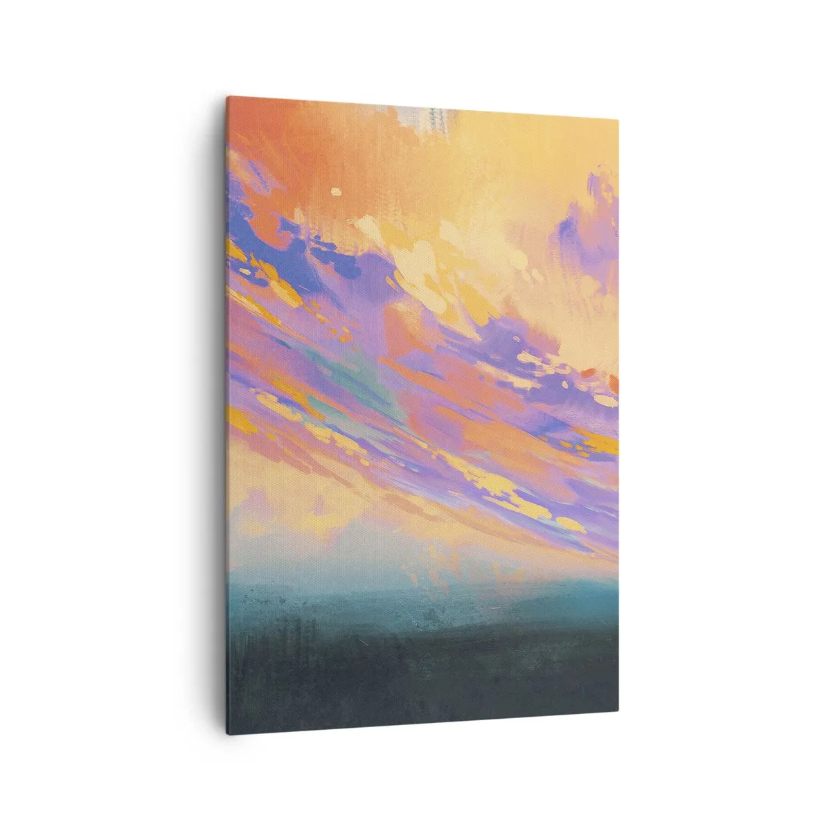 Bild auf Leinwand - Leinwandbild - Eine dynamische Szene mit Figuren vor einem farbenfrohen Sonnenuntergangshimmel - 70x100cm - Die Anziehungskraft - Moderne Wanddekoration für Wohnzimmer und Schlafzimmer ARTTOR