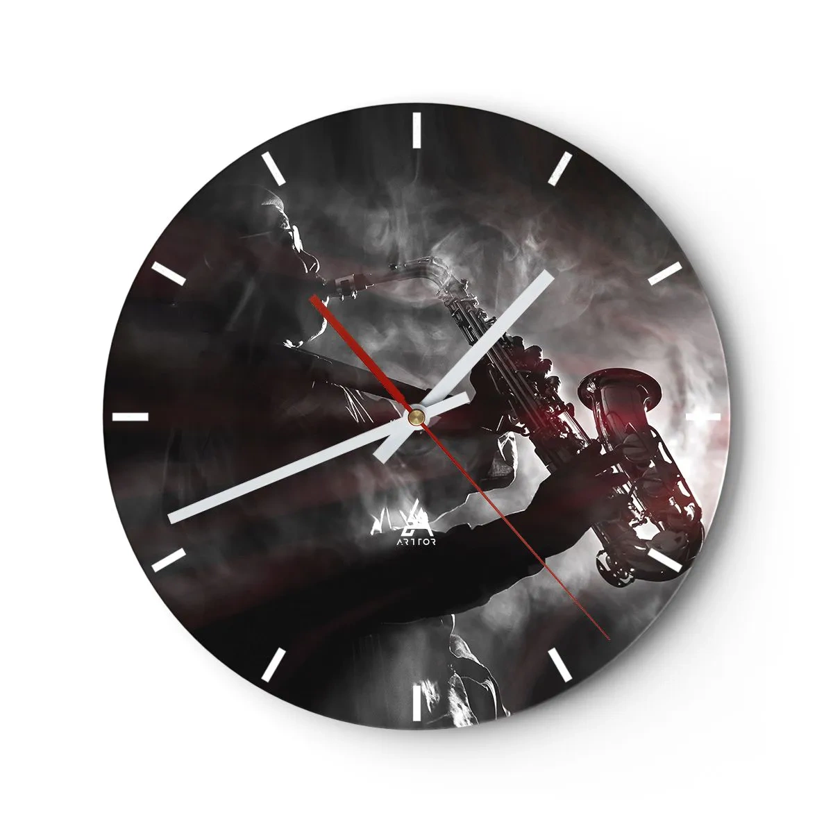 Wanduhr - Glasuhr - Saxophonist im Rauch im Schwarz-Weiß-Stil - 30x30cm - In den Dämpfen des Jazz - Moderne Wanddekoration für Wohnzimmer, Küche und Schlafzimmer ARTTOR