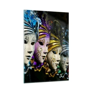 Glasbild - Bild auf glas - Venezianische Masken in verschiedenen Farben mit dekorativen Mustern - 80x120cm - Geheimnis in Gold und Silber - Moderne Wanddekoration für Wohnzimmer und Schlafzimmer ARTTOR