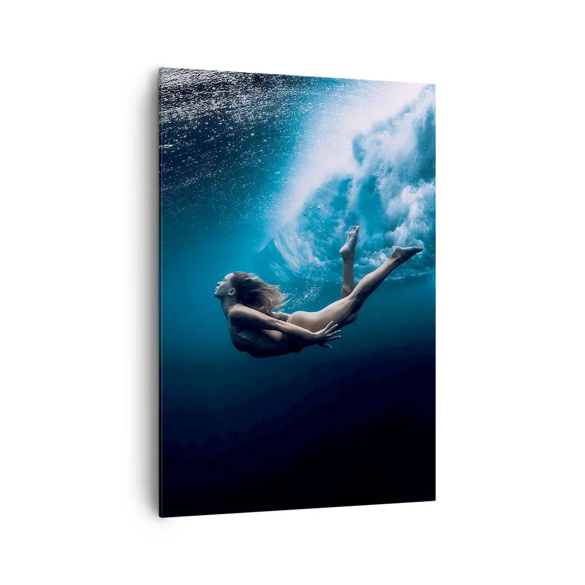 Bild auf Leinwand - Leinwandbild - Unterwasseraufnahme mit einer Frau und Luftblasen - 70x100cm - Moderne Meerjungfrau - Moderne Wanddekoration für Wohnzimmer und Schlafzimmer ARTTOR