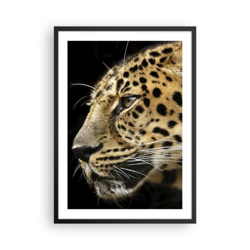 Poster in einem schwarzem Rahmen - Profil eines Leoparden auf dunklem Hintergrund - 50x70cm - Ruhig, fokussiert, bereit - Moderne Wanddekoration für Wohnzimmer und Schlafzimmer ARTTOR