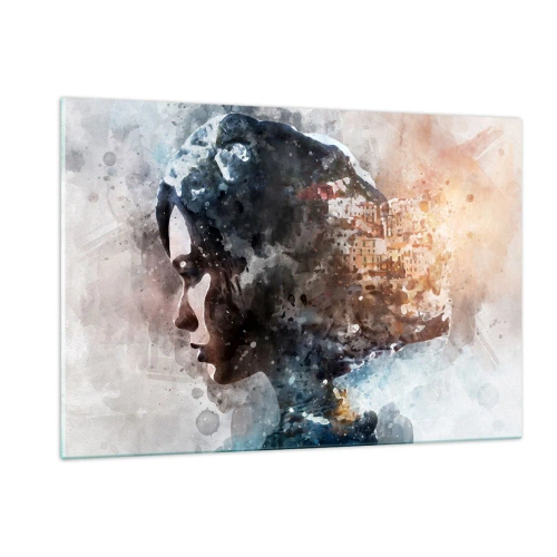 Glasbild - Bild auf glas - Ein Profil einer Frau im Aquarellstil mit einer Stadt im Hintergrund. - 120x80cm - Eine Geschichte über ein Mädchen mit einer Stadt im Hintergrund - Moderne Wanddekoration für Wohnzimmer und Schlafzimmer ARTTOR