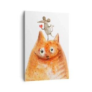 Bild auf Leinwand - Leinwandbild - Eine Zeichnung einer Katze mit einer Maus auf dem Kopf, die ein Herz hält - 50x70cm - Paradoxien der Liebe - Moderne Wanddekoration für Wohnzimmer und Schlafzimmer ARTTOR