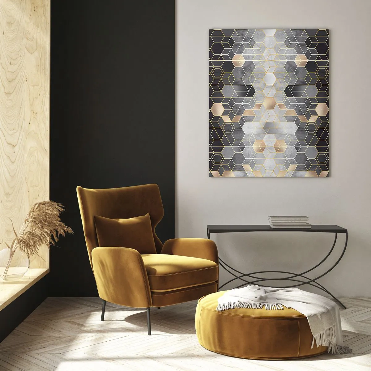 Glasbild - Bild auf glas - Geometrisches Muster aus Sechsecken in goldenen Linien - 50x70cm - Diamant-Komposition - Moderne Wanddekoration für Wohnzimmer und Schlafzimmer ARTTOR