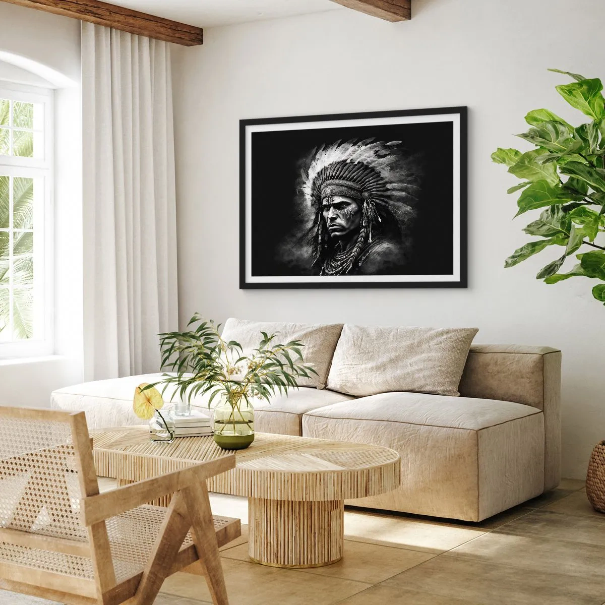 Poster in einem schwarzem Rahmen - Porträt eines Häuptlings mit Federschmuck vor schwarzem Hintergrund - 70x50cm - Anführer und Krieger - Moderne Wanddekoration für Wohnzimmer und Schlafzimmer ARTTOR
