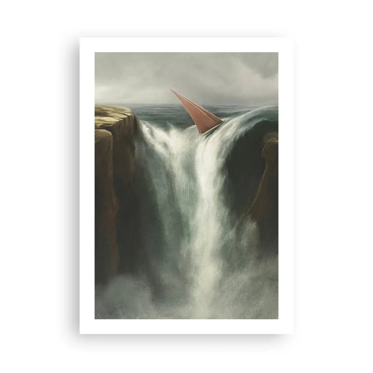 Poster - Ein Segelboot stürzt in einer surrealen Landschaft über einen Wasserfall. - 50x70cm - Warnung des Lebens - Moderne Wanddekoration für Wohnzimmer und Schlafzimmer ARTTOR