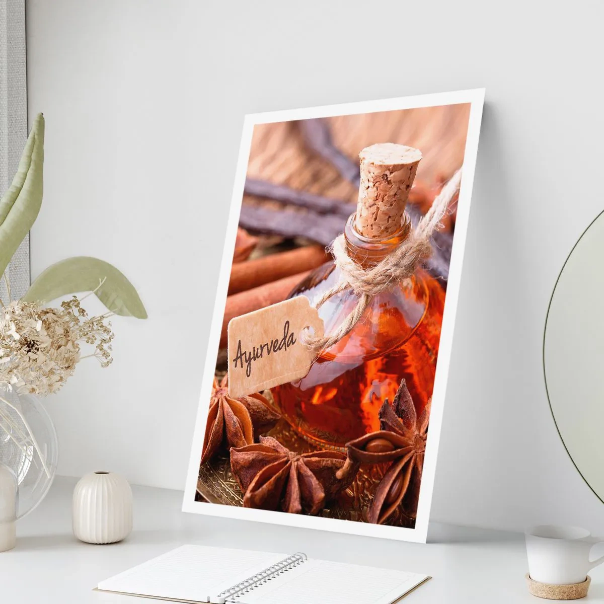 Poster - Eine Flasche ayurvedisches Öl und Gewürze - 50x70cm - Zur Einheit von Körper und Geist - Moderne Wanddekoration für Wohnzimmer und Schlafzimmer ARTTOR