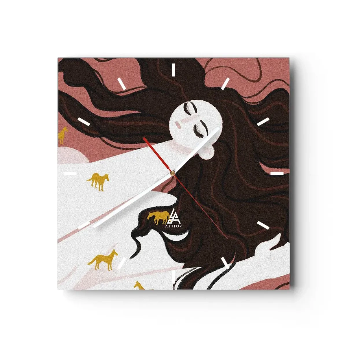 Wanduhr - Glasuhr - Eine Figur mit geschlossenen Augen, umgeben von goldenen Pferden - 30x30cm - Traum von einem goldenen Pferd - Moderne Wanddekoration für Wohnzimmer und Schlafzimmer ARTTOR