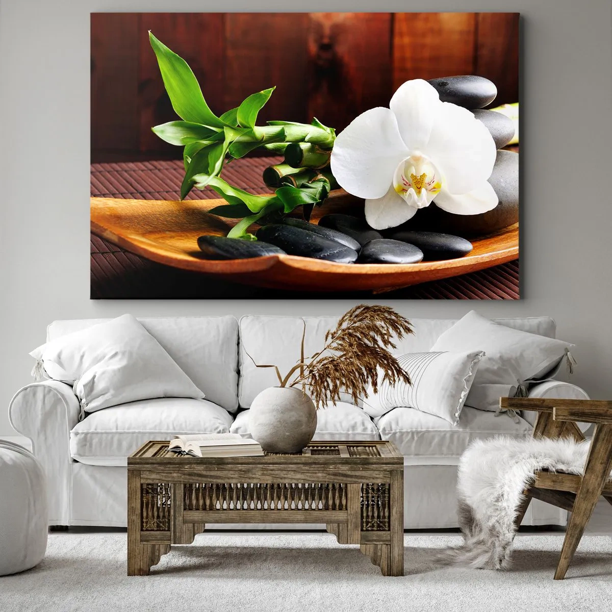 Bild auf Leinwand - Leinwandbild - Weiße Orchidee mit Bambus vor einem Steinhintergrund im Zen-Stil - 70x50cm - Geben Sie sich dem Hauch der Natur hin - Moderne Wanddekoration für Wohnzimmer und Schlafzimmer ARTTOR