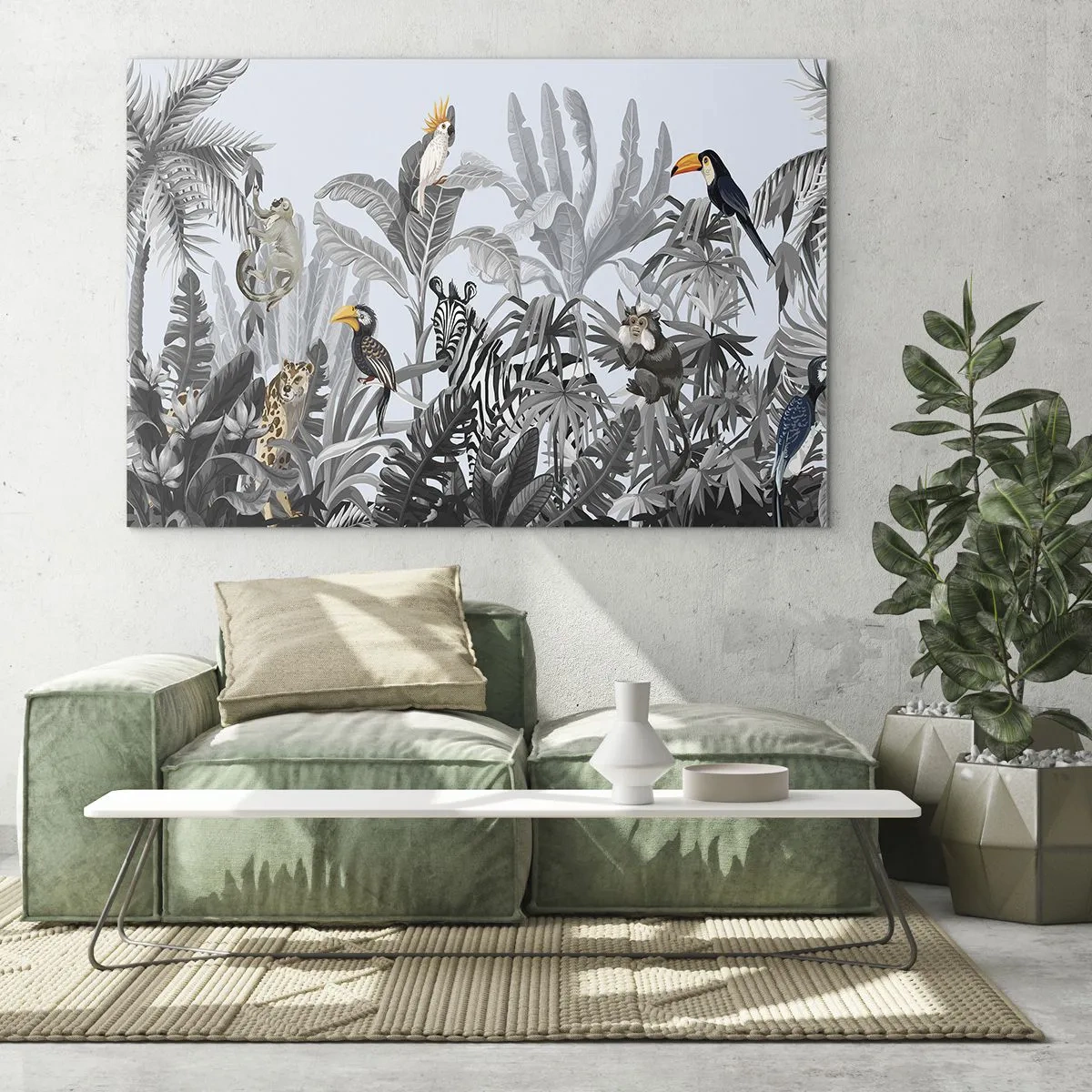Glasbild - Bild auf glas - Exotische Tiere in einem schwarz-weißen Dschungel auf hellem Hintergrund - 70x50cm - Afrikanisches Märchen - Moderne Wanddekoration für Wohnzimmer und Schlafzimmer ARTTOR