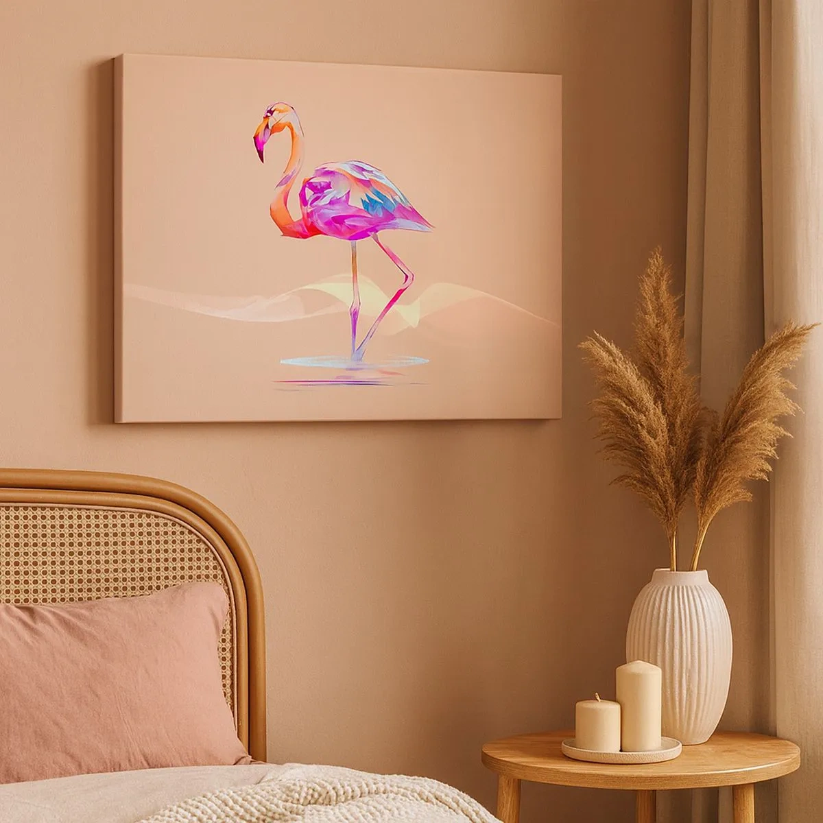 Bild auf Leinwand - Leinwandbild - Ein abstrakter Flamingo in hellen Pastellfarben. - 70x50cm - Der Vogel der guten Gefühle - Moderne Wanddekoration für Wohnzimmer und Schlafzimmer ARTTOR