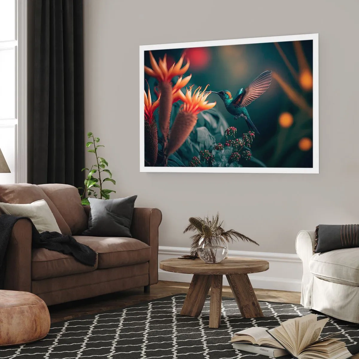 Poster - Ein bunter Kolibri neben Blumen vor einem natürlichen Hintergrund - 100x70cm - Wirklich buntes Leben - Moderne Wanddekoration für Wohnzimmer und Schlafzimmer ARTTOR