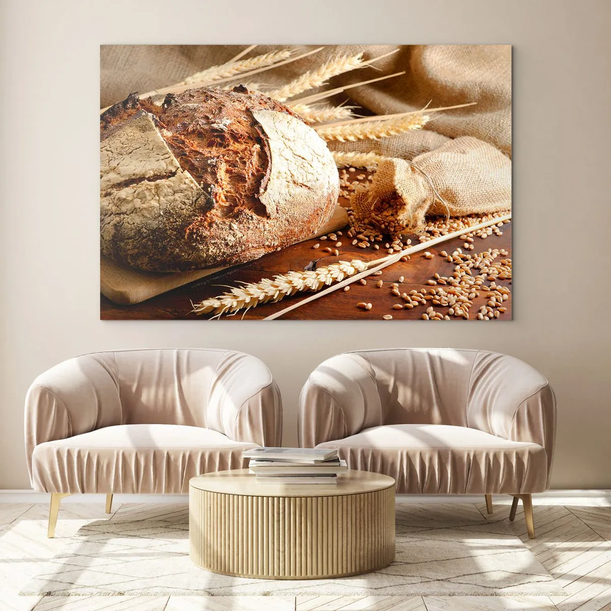 Glasbild - Bild auf glas - Brot auf einem Brett mit Weizenähren und Getreidesäcken - 120x80cm - Appetitanregend, duftend, knackig - Moderne Wanddekoration für Wohnzimmer und Schlafzimmer ARTTOR