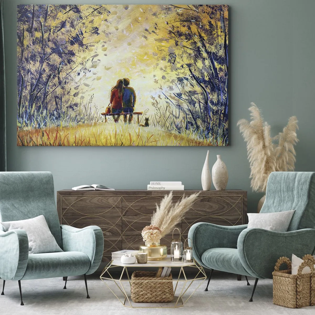 Bild auf Leinwand - Leinwandbild - Ein Paar sitzt auf einer Bank zwischen herbstlichen Bäumen im Sonnenlicht - 120x80cm - Magischer Augenblick - Moderne Wanddekoration für Wohnzimmer und Schlafzimmer ARTTOR