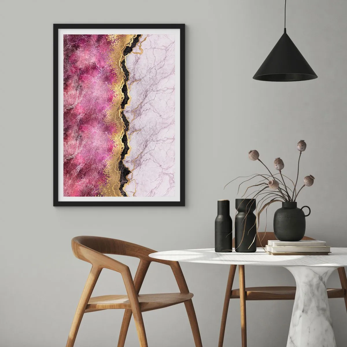 Poster in einem schwarzem Rahmen - Abstraktion mit Marmormuster und goldenen Akzenten - 50x70cm - An der Grenze - Moderne Wanddekoration für Wohnzimmer und Schlafzimmer ARTTOR