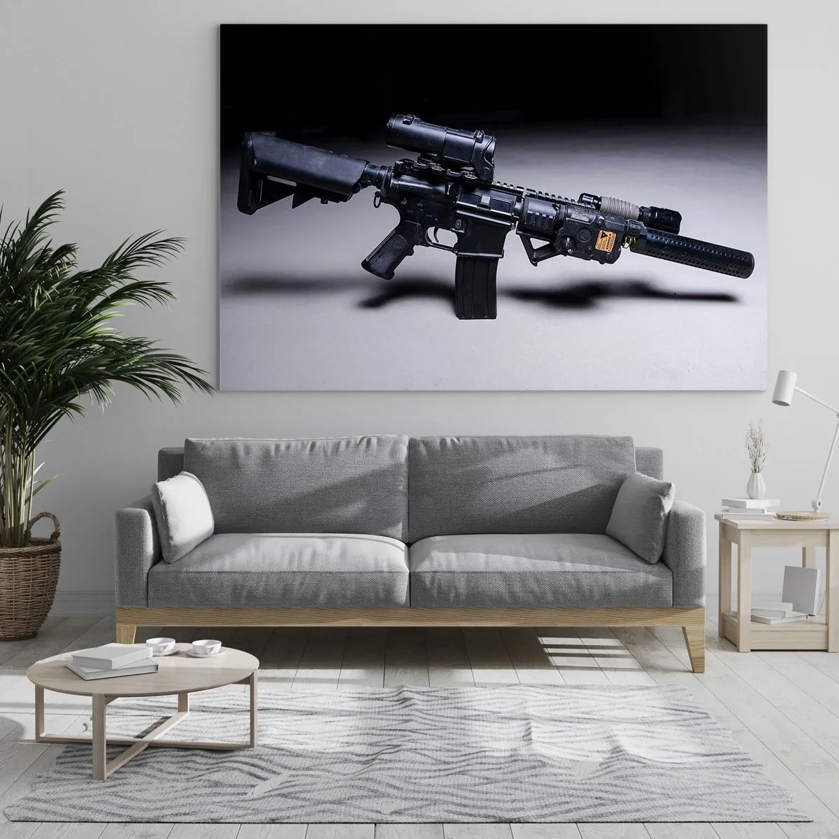 Glasbild - Bild auf glas - Ein schwarzes Sturmgewehr mit Zubehör liegt auf einem hellen Hintergrund - 120x80cm - dunkler Ritter - Moderne Wanddekoration für Wohnzimmer und Schlafzimmer ARTTOR